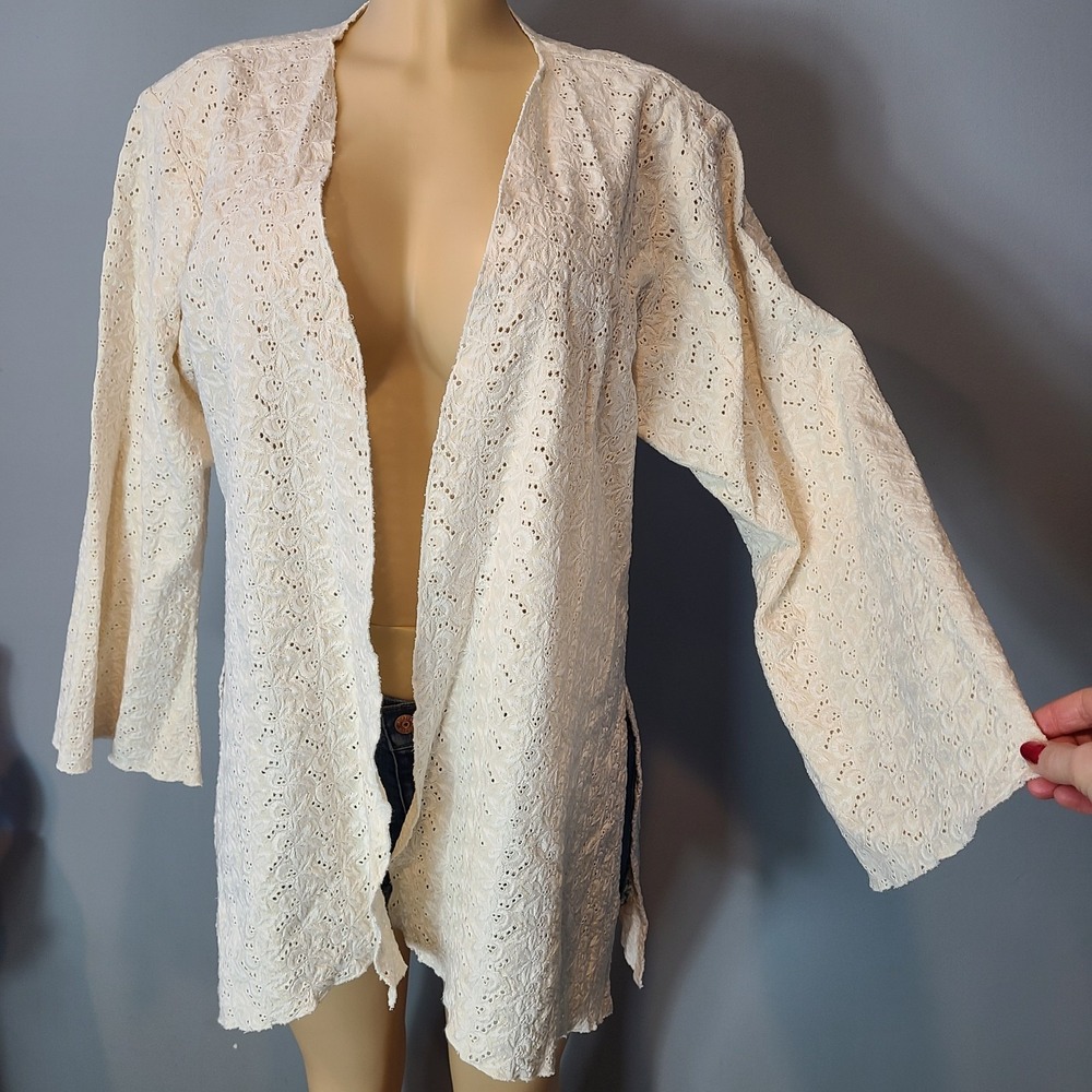 Vtg‎ Lace Cotton Flare Sleeve Cardigan Top Resort Cover Up Sz S Cottage Parisian